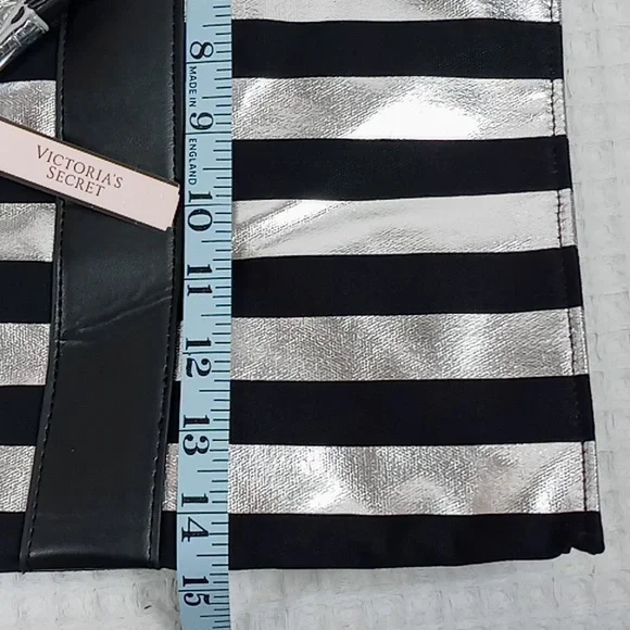 NWT Victoria's Secret Large Black/Silver Metallic Striped Tote Bag - Picture 7 of 10